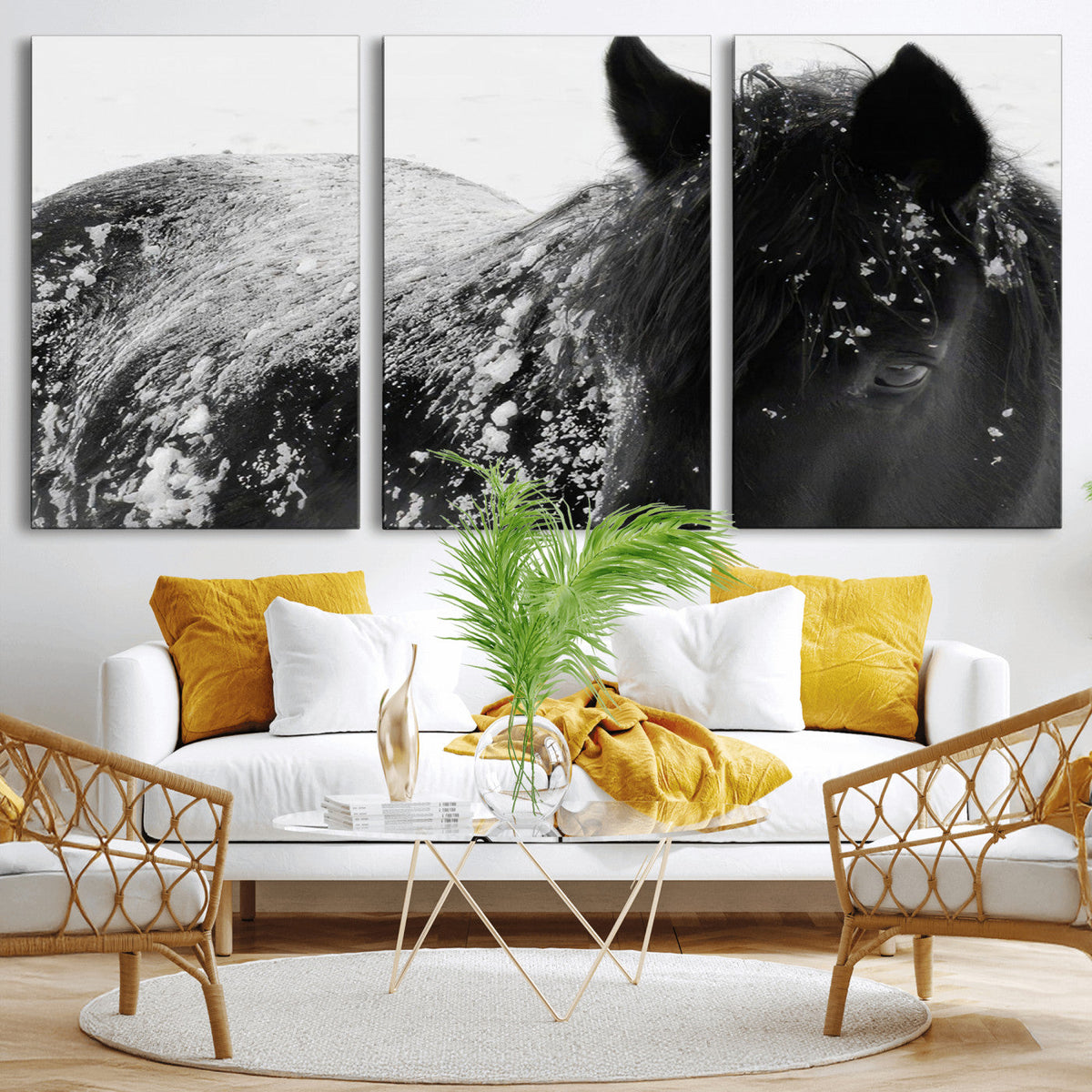 Black Horse in Snow Canvas Print | Winter Horse Wall Art |