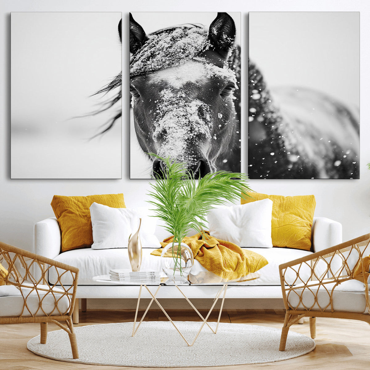 Western Wall Art | Black and White Winter Horse Wall Art |