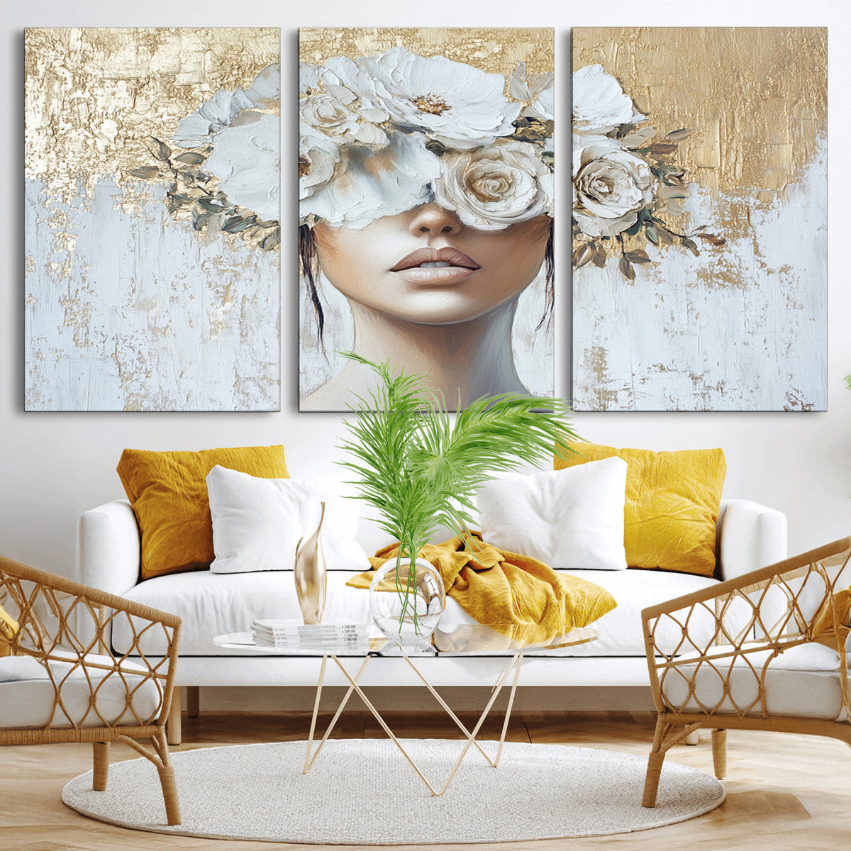 Golden Petal Wall Art - Canvas Print Flower Head Woman