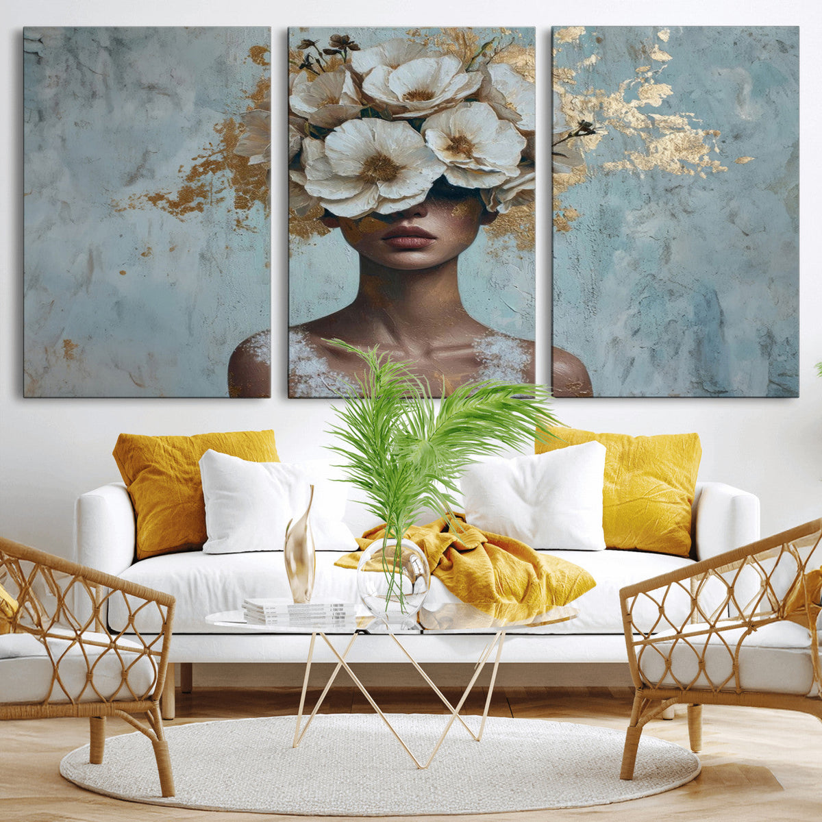 Golden Petal Wall Art - Petal Silhouette Woman Wall Art