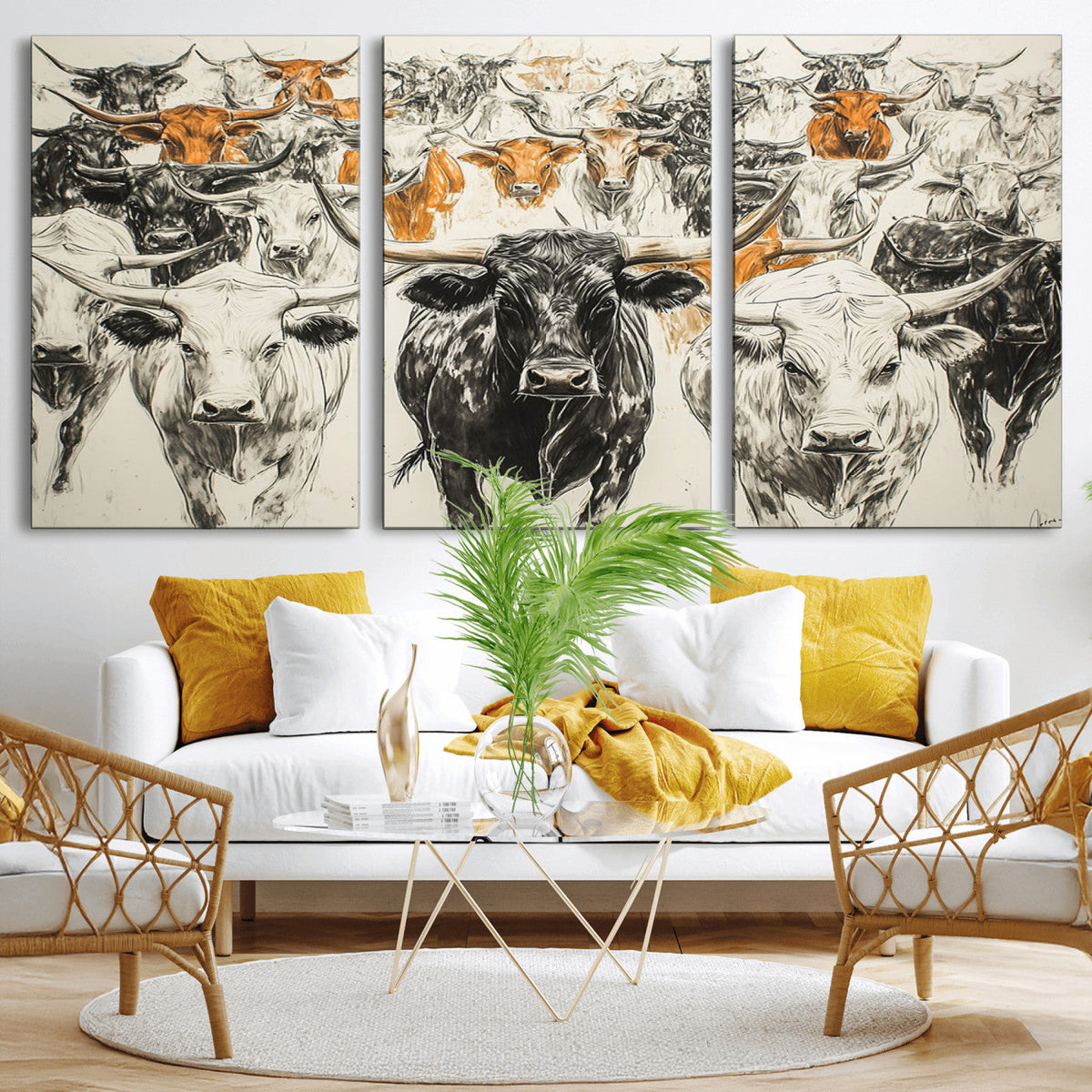 Farmhouse Wall Art | Western Longhorn Cattle Canvas Print |