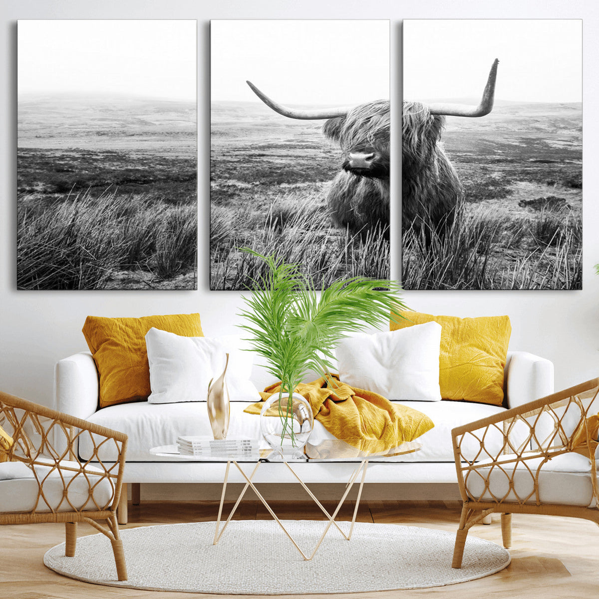 Scottish Highland Cow Wall Art | Black and White Canvas