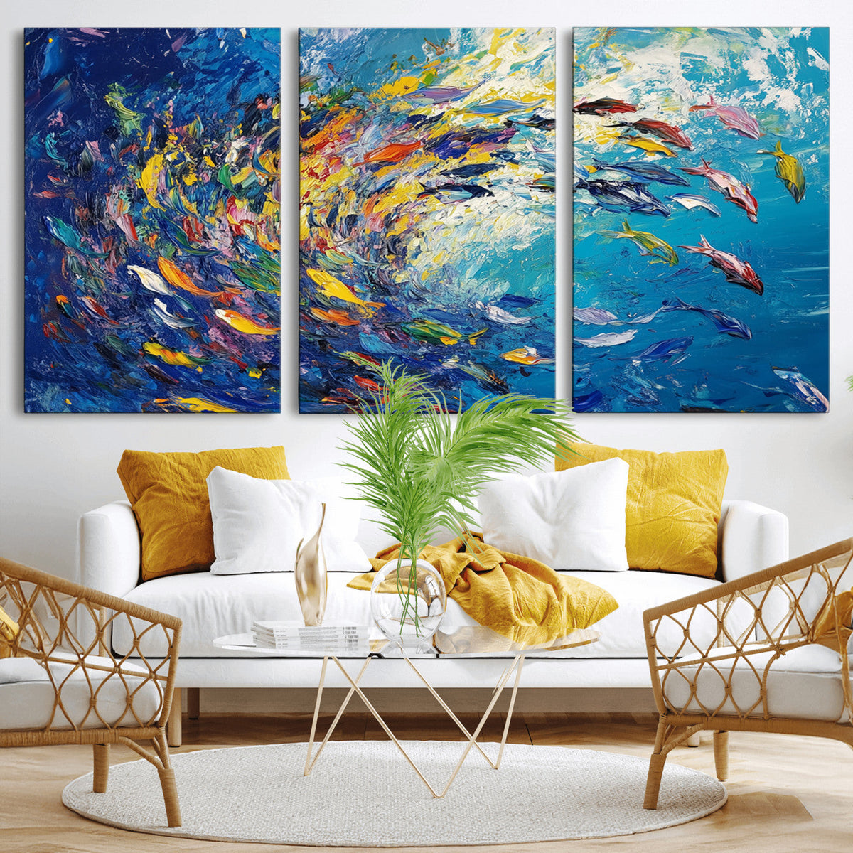 Colorful Swirling Fish School Wall Art Canvas Print |
