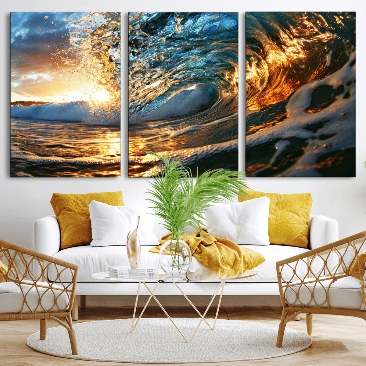 Ocean Wave at Sunset Canvas Wall Art – Vibrant Coastal Beach