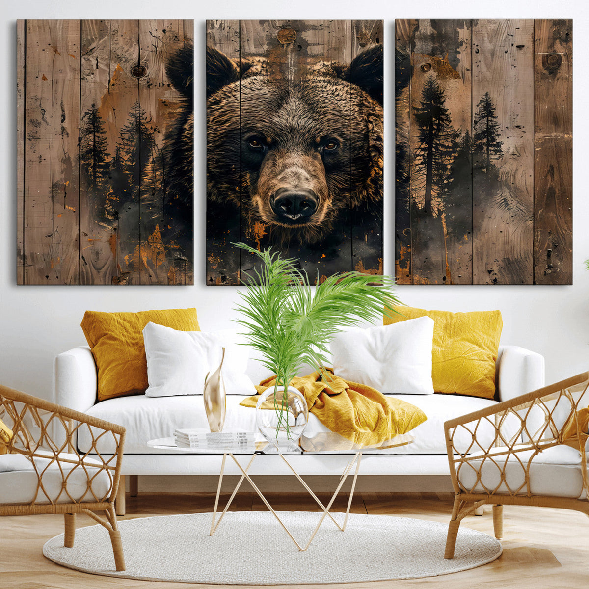 Rustic Grizzly 399 Wall Art | Triptych Canvas Print | Rustic