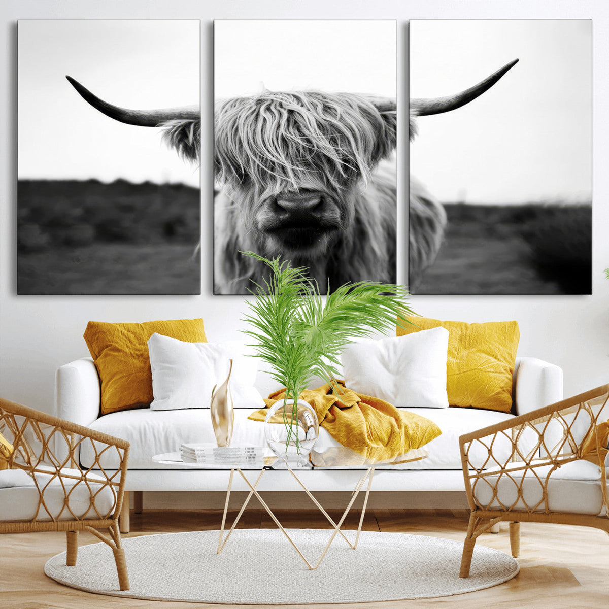 Highland Cow Wall Art | Black and White Farmhouse Decor |