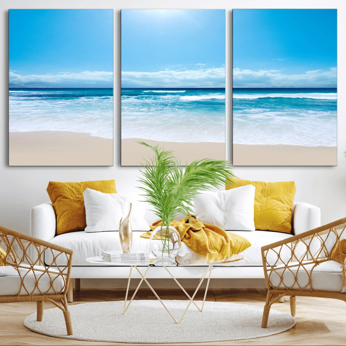 Wall Art Canvas Print Shiny Blue Sea and Beach