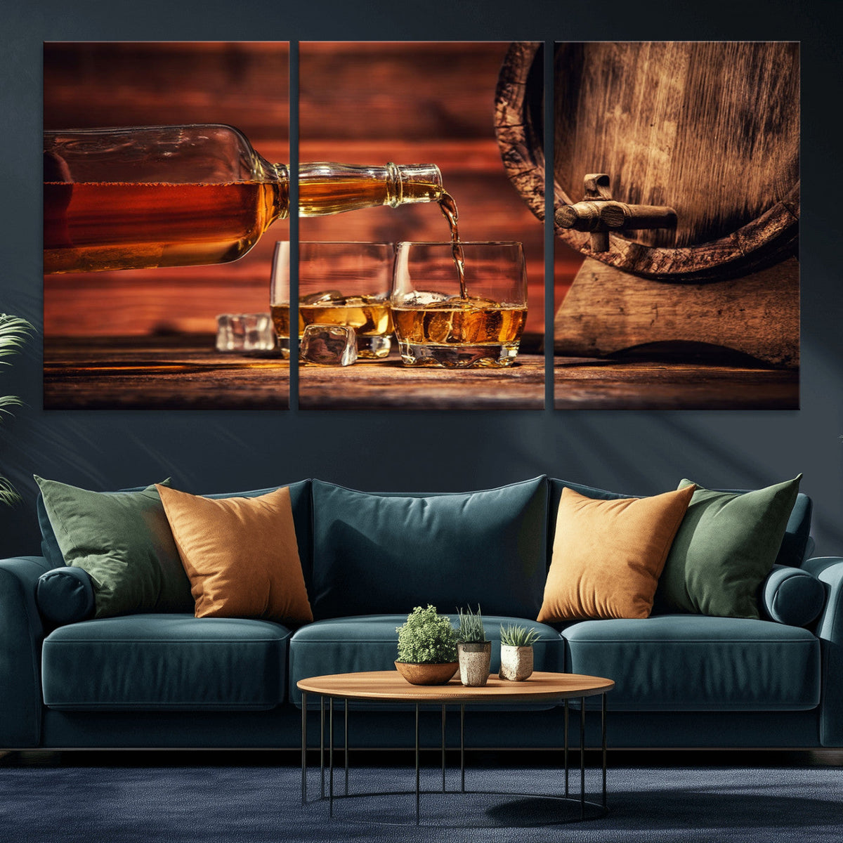 Whiskey and Cigar Canvas Wall Art | 3 Panel Bar Room Decor
