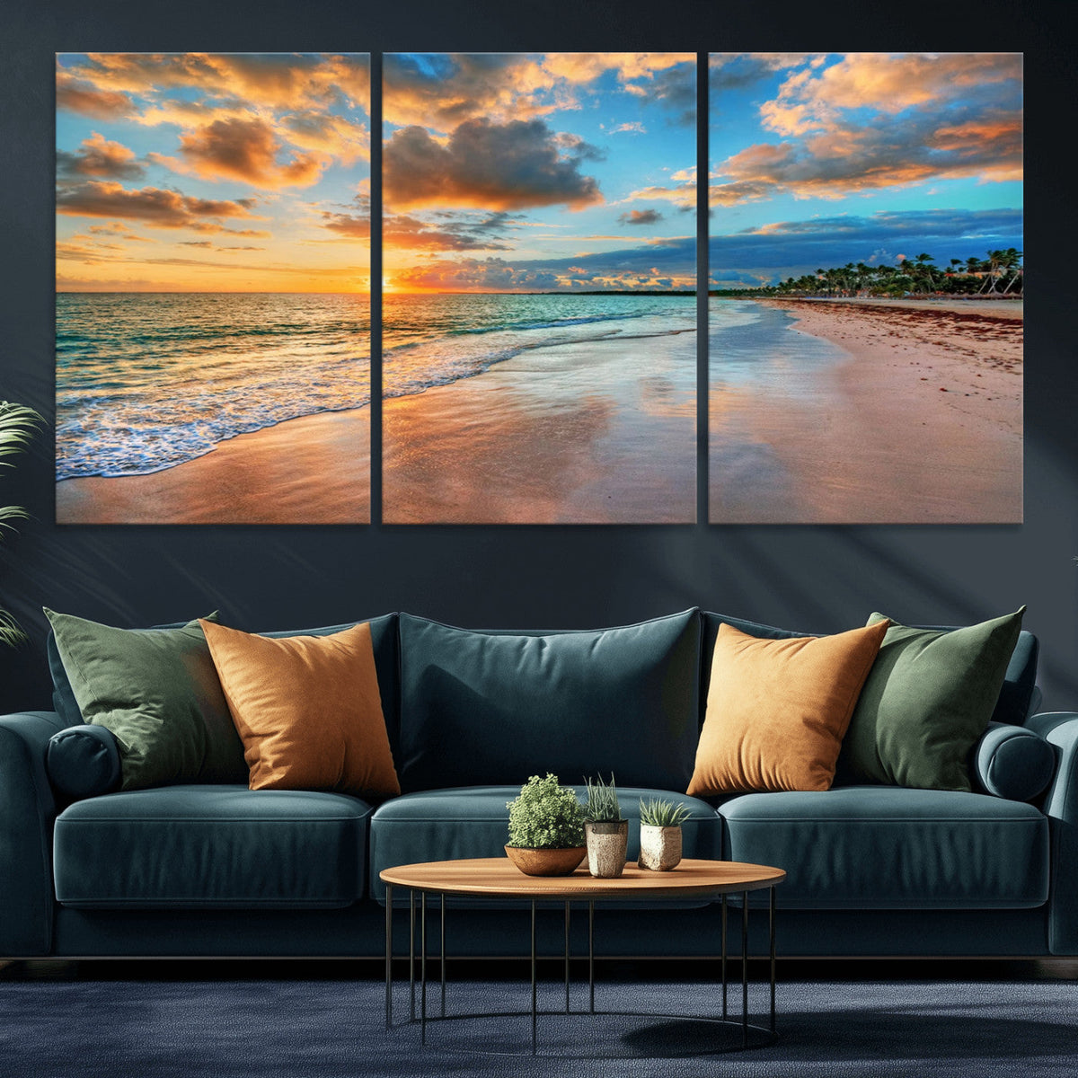 Sunset Ocean Waves on Tropical Beach, 3-Panel Giclee Canvas