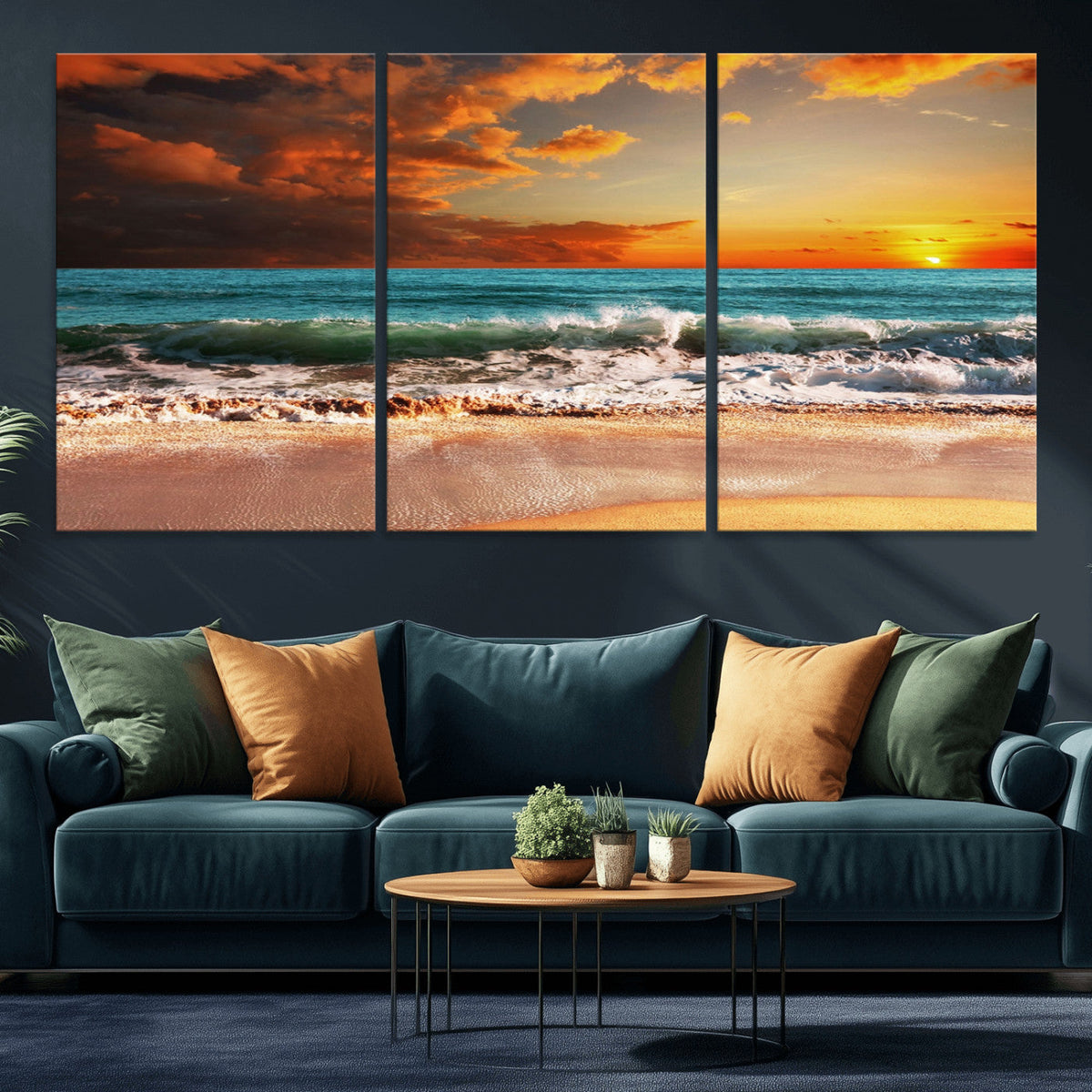Golden Sunset Beach Canvas Wall Art – Triptych Seascape