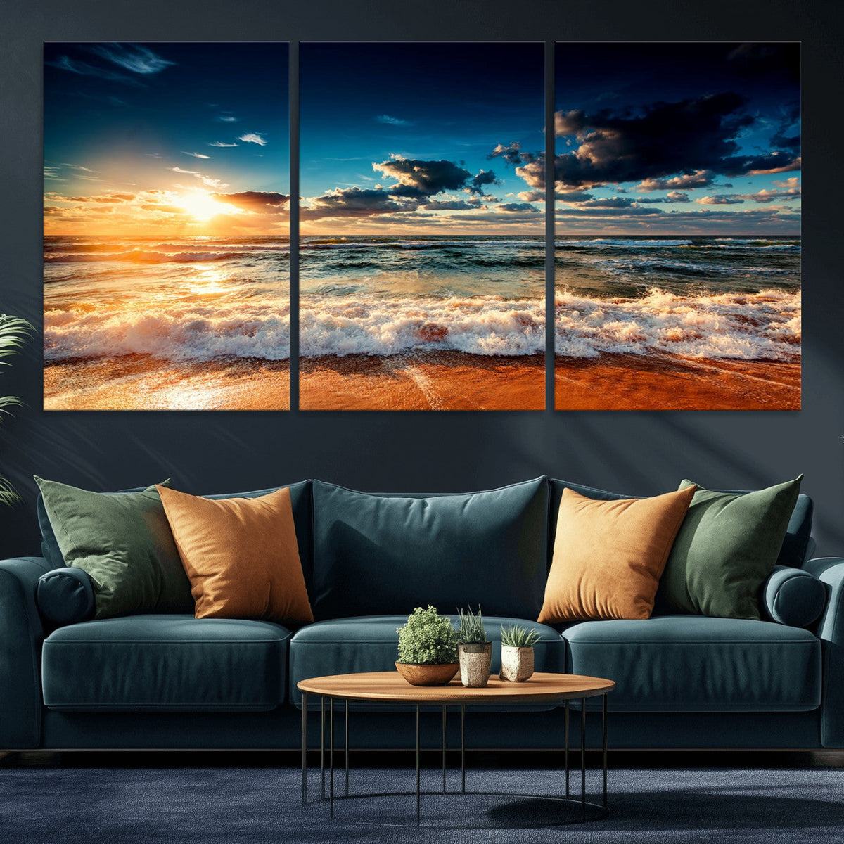 Golden Hour Sunset Over Ocean Waves Wall Art Canvas Print |
