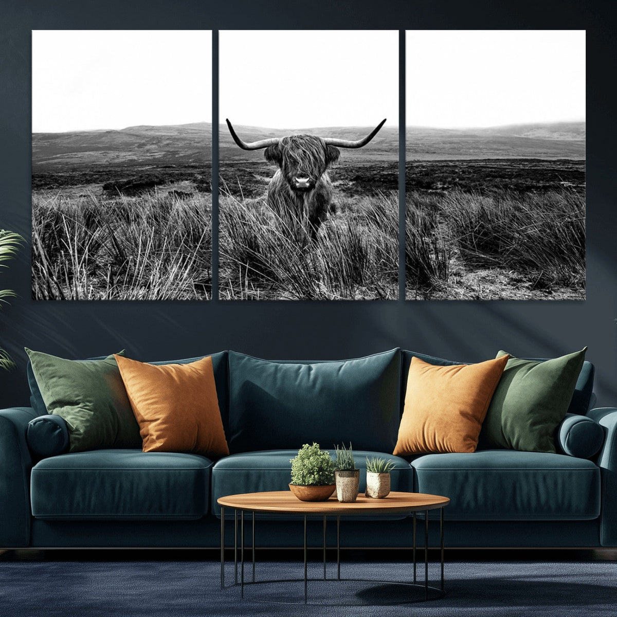 Black and White Highland Cow Canvas Wall Art, Longhorn