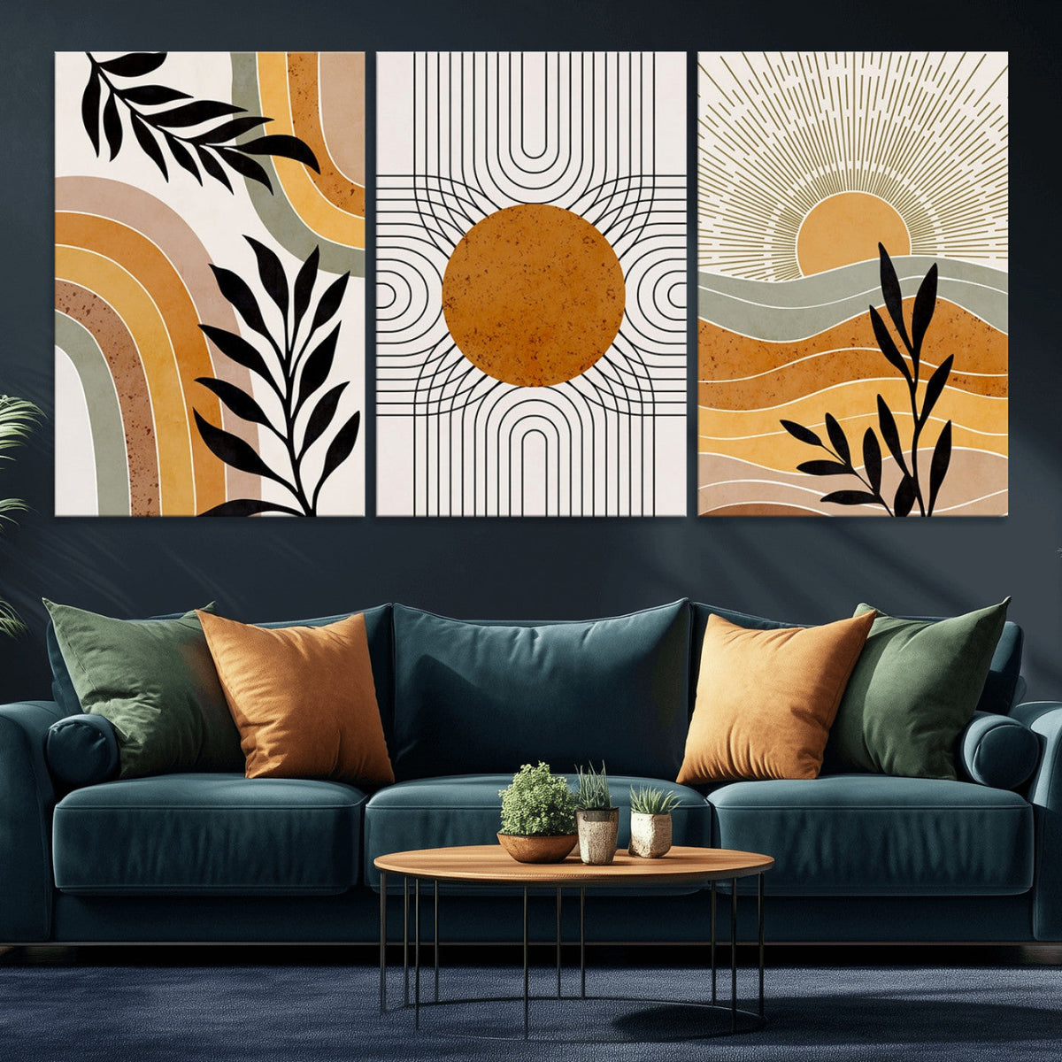 Modern Boho Sun and Leaf Abstract Art – 3-Panel Giclée