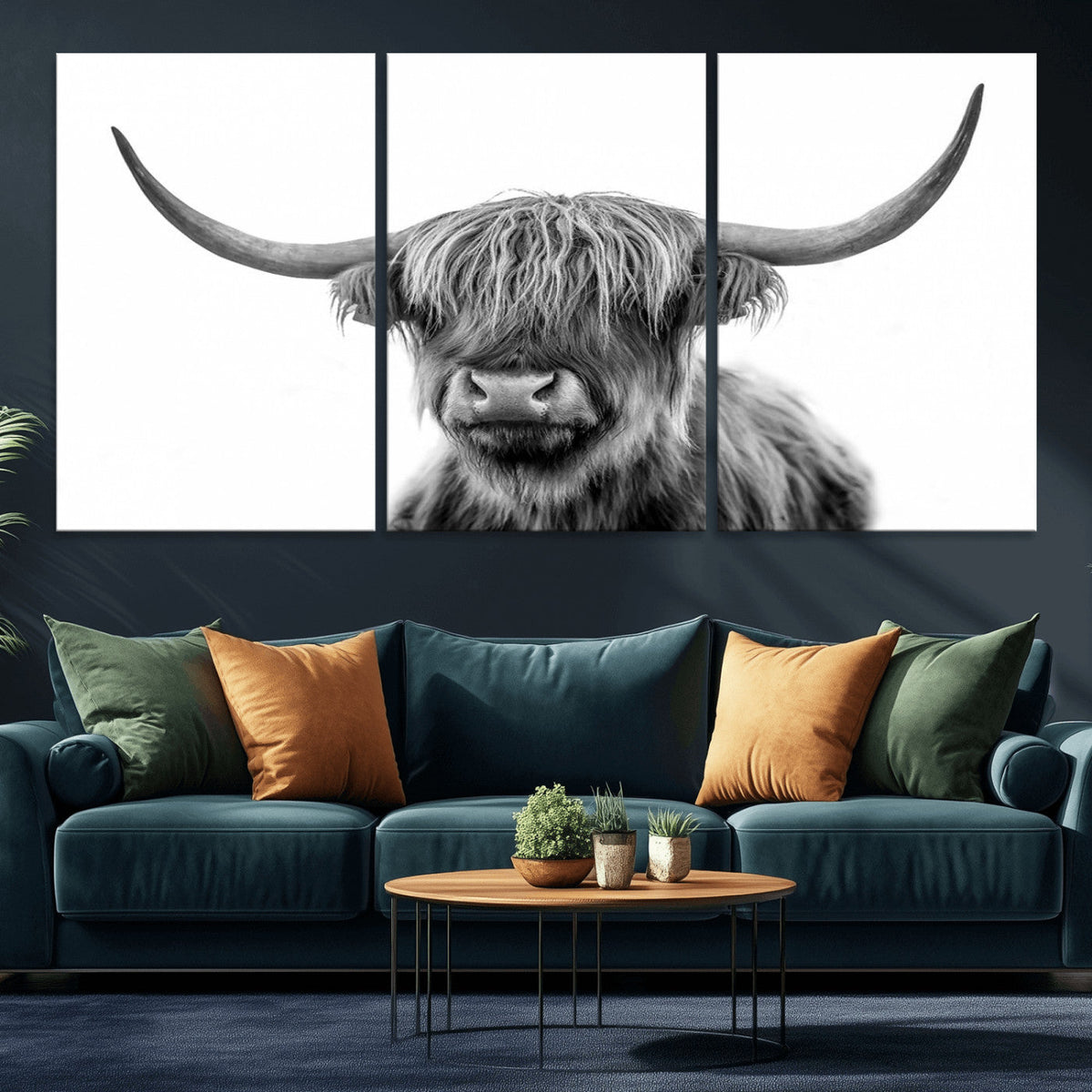 Grayscale Scottish Highland Cow Cattle Art Print Farmhouse