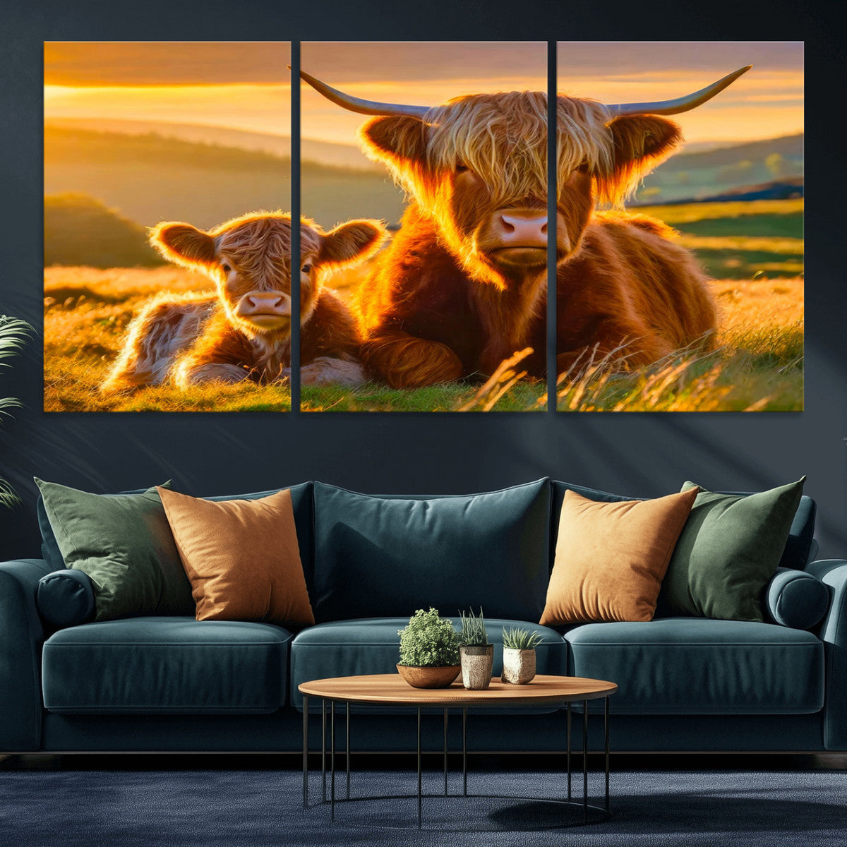 Scottish Cow and Baby Cow Canvas Wall Art Animal Print
