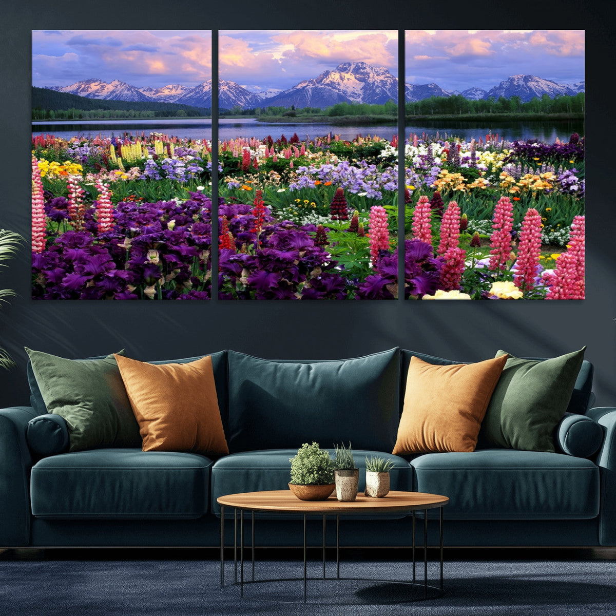 Vibrant Wildflower Garden and Mountain View Giclee Canvas