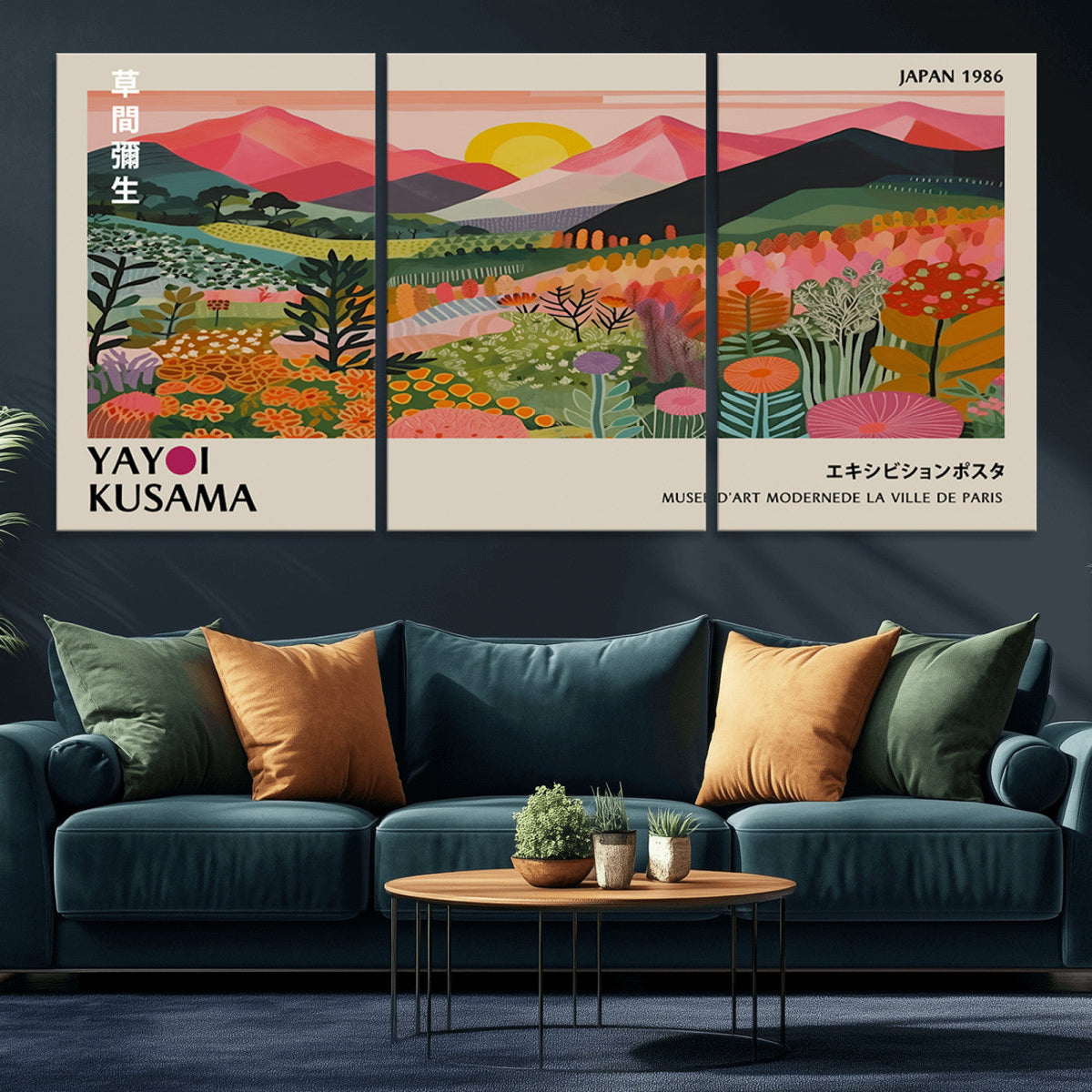 Yayoi Kusama Landscape Canvas Print, Vibrant Floral Mountain Art Print, Framed Botanical Wall Art -