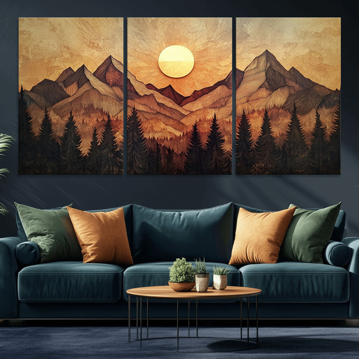 Wood Style Abstract Mountain Sunset Canvas Wall Art Print -