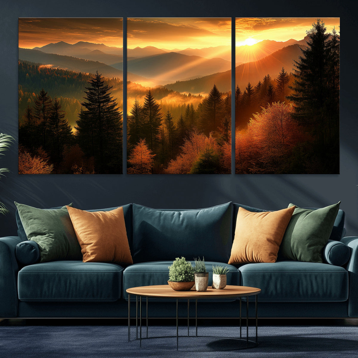 Golden Sunset Over Mountain Forest Canvas Wall Art Print -