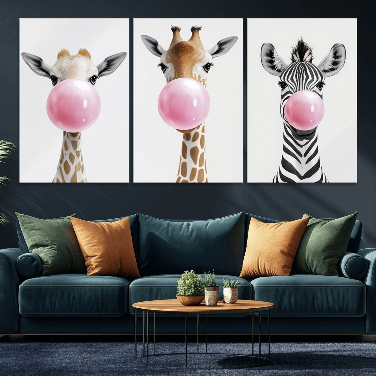 Bubblegum Animals Canvas Wall Art - Playful Giraffe and