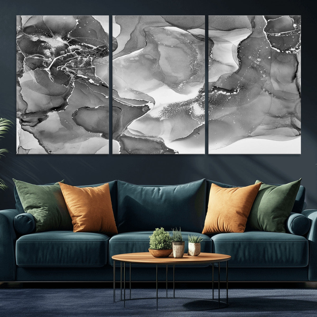 Black White Abstract Canvas Wall Art - Fluid Ink Artwork -