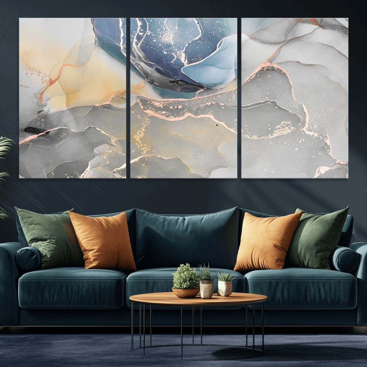 Large Abstract Blue and Gold Canvas Wall Art | Fluid Ink