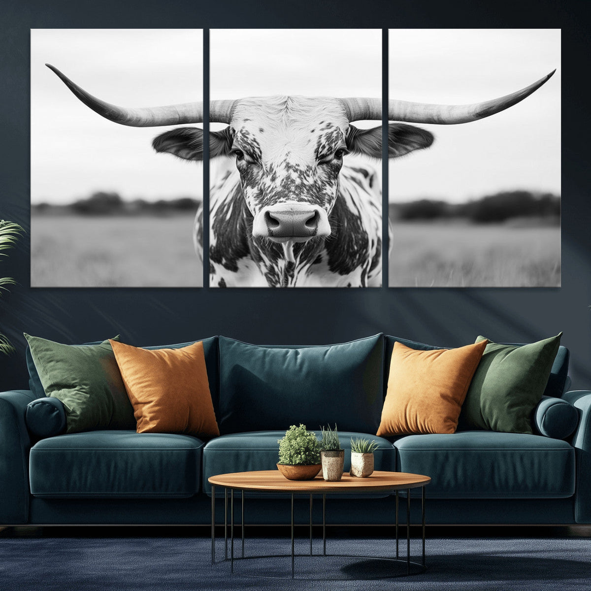 Highland Cow Wall Art Canvas Print – Black and White Western