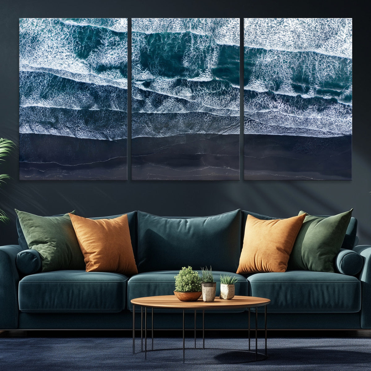 Black Beach Wall Art Canvas Print – Framed Aerial Ocean View