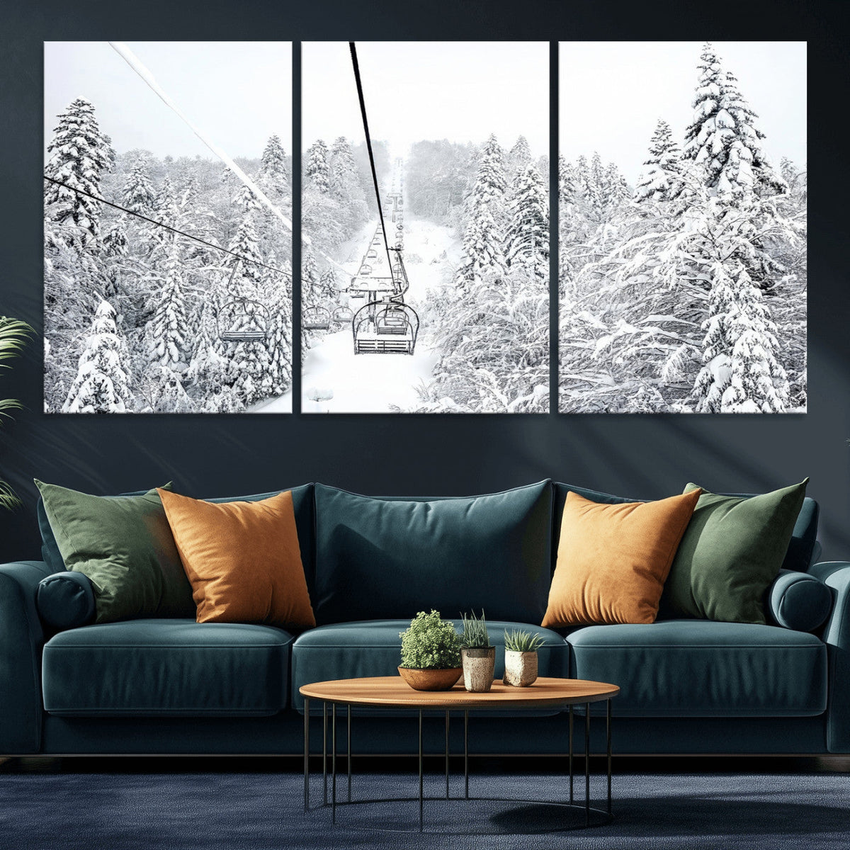 Snowy Ski Lift Wall Art – Framed Winter Mountain Canvas