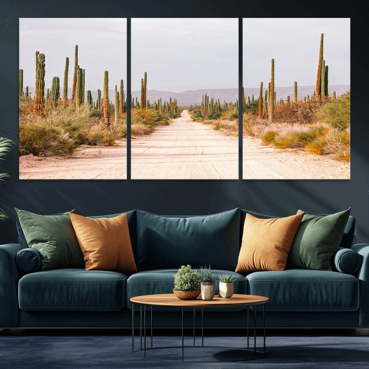 Desert Cactus Lined Road Wall Art Canvas Print – Framed