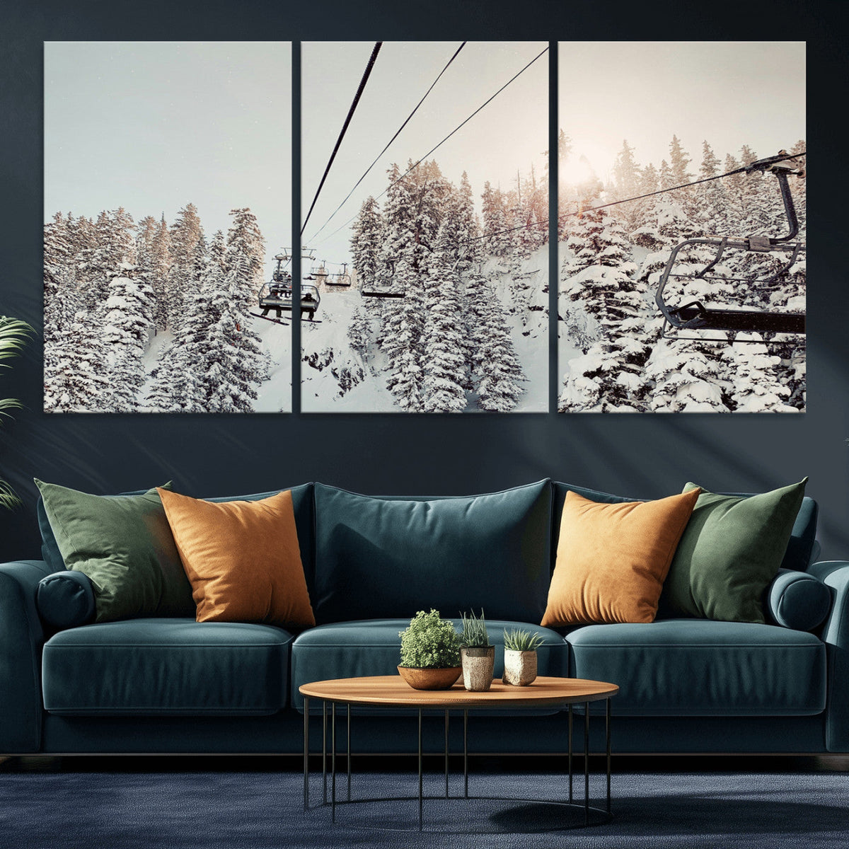 Frosty Pines Wall Art Canvas Print – Framed Cozy Cabin Ski