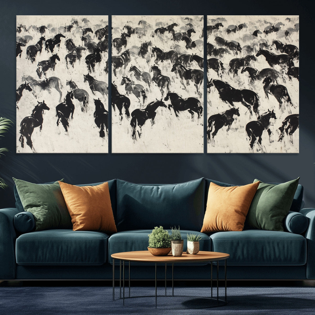 Wild Horse Stampede Wall Art Canvas Print – Monochrome