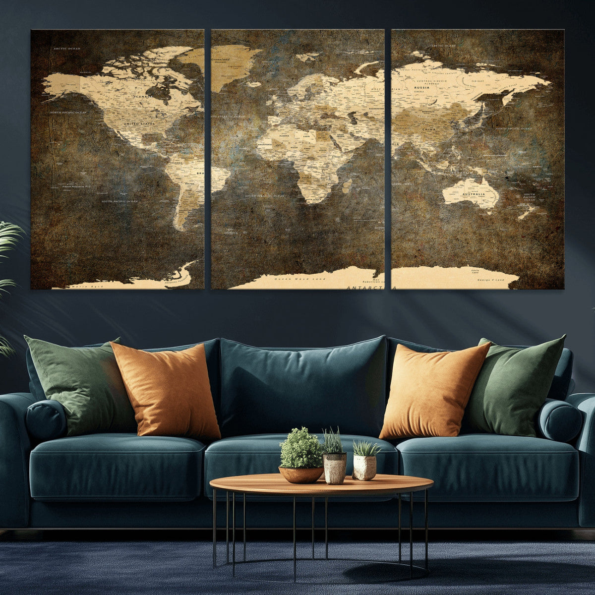 Large Framed Vintage World Map Wall Art Print for Home Wall