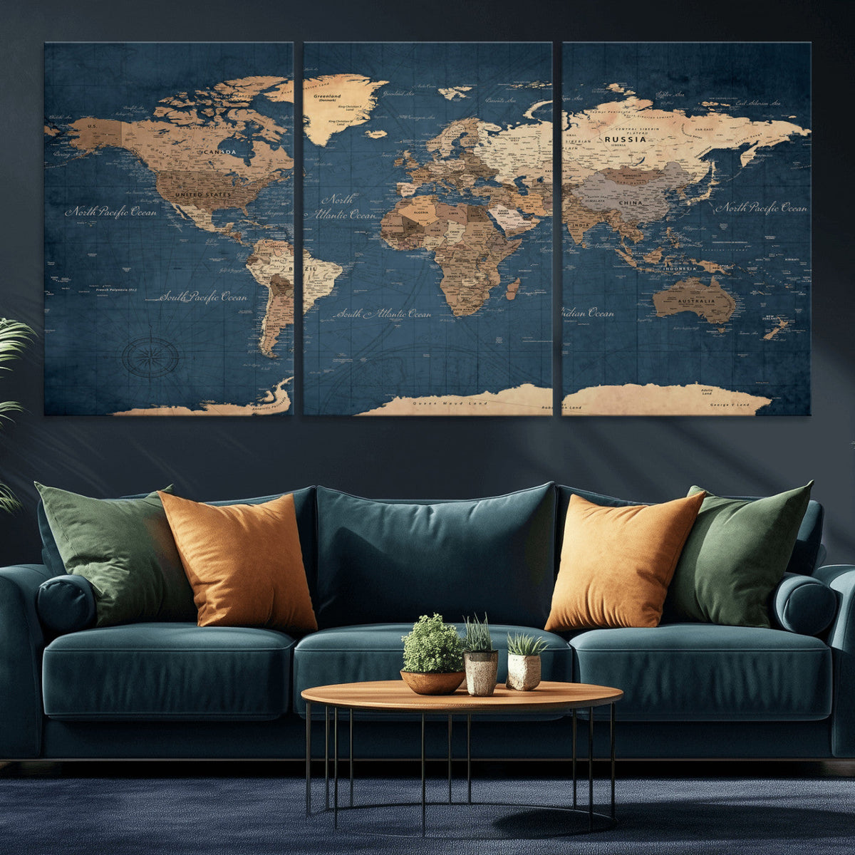 Navy Blue World Map Canvas Print – Framed Travel Map Wall