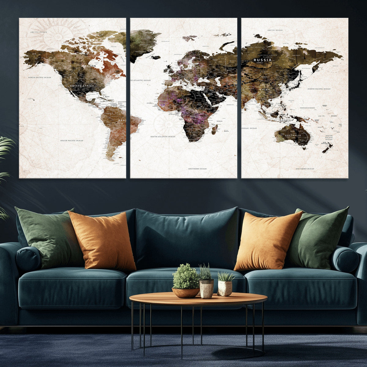 Watercolor World Map Print - Large Wall Art Canvas Print for
