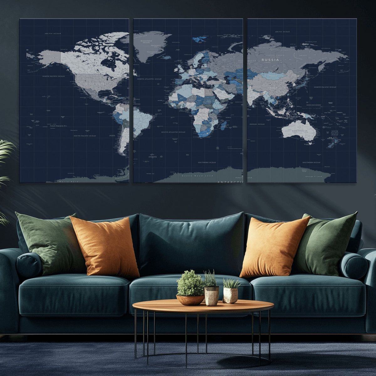 Blue Detailed World Map Wall Art Canvas Print, Modern Framed