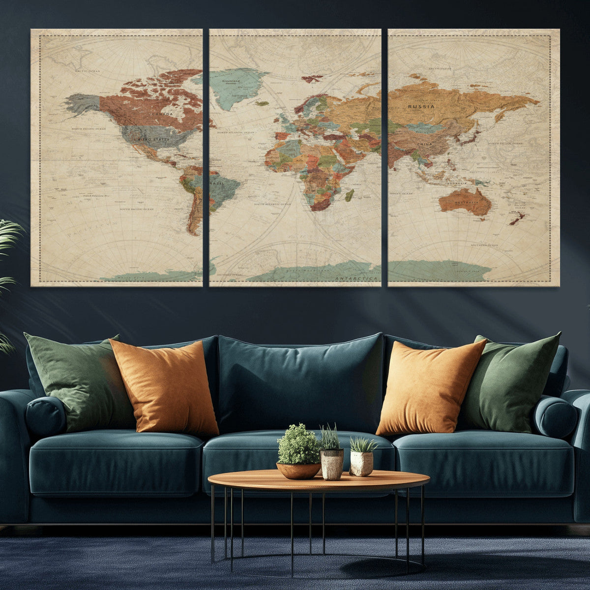Vintage World Map Canvas Wall Art Print – Framed Modern