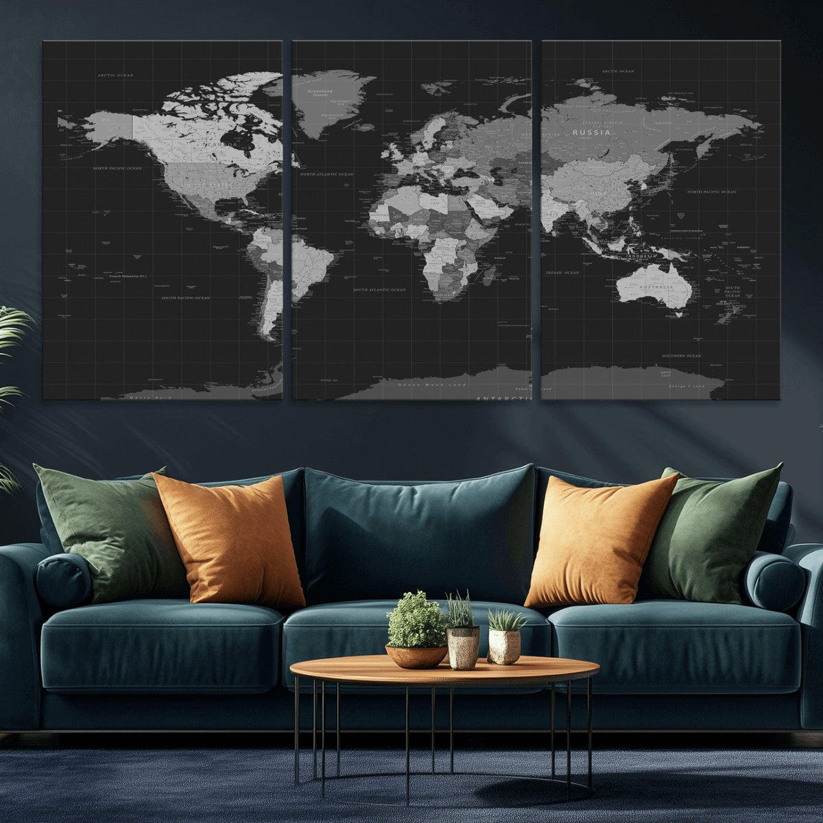 Black World Map Wall Art Canvas Print – Detailed Map of the