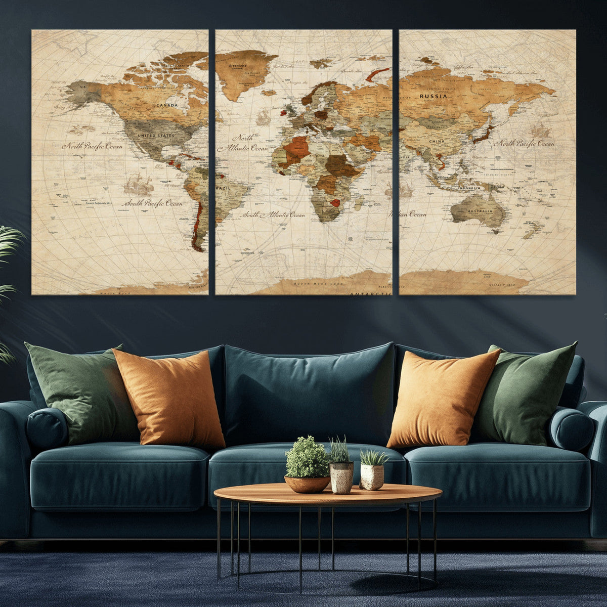 Rustic Vintage World Map Canvas Print – Framed Modern