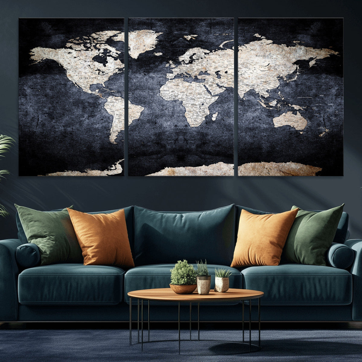 Vintage World Map Canvas Wall Art – Antique Triptych Map