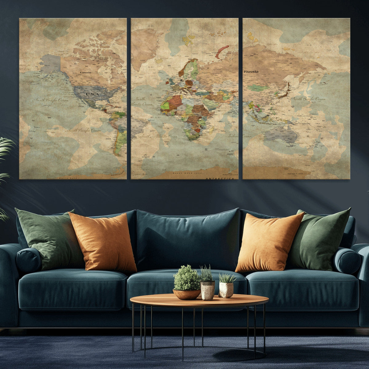 World Map Wall Art Canvas Print, Rustic Map Print, Framed