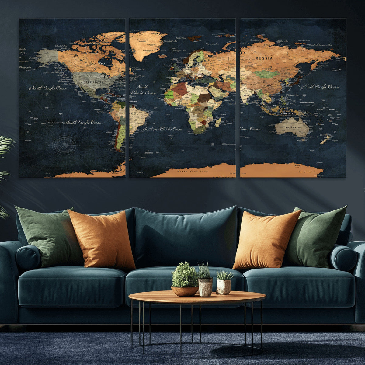 Vintage World Map Canvas Wall Art – Detailed Map with