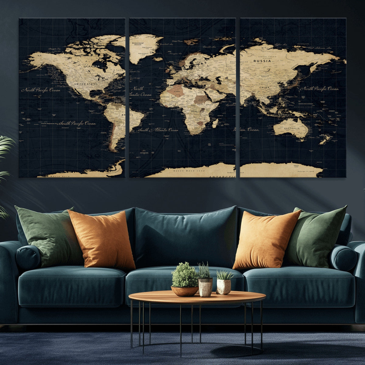 Dark World Map Canvas Wall Art Print, Minimal Black and Gold