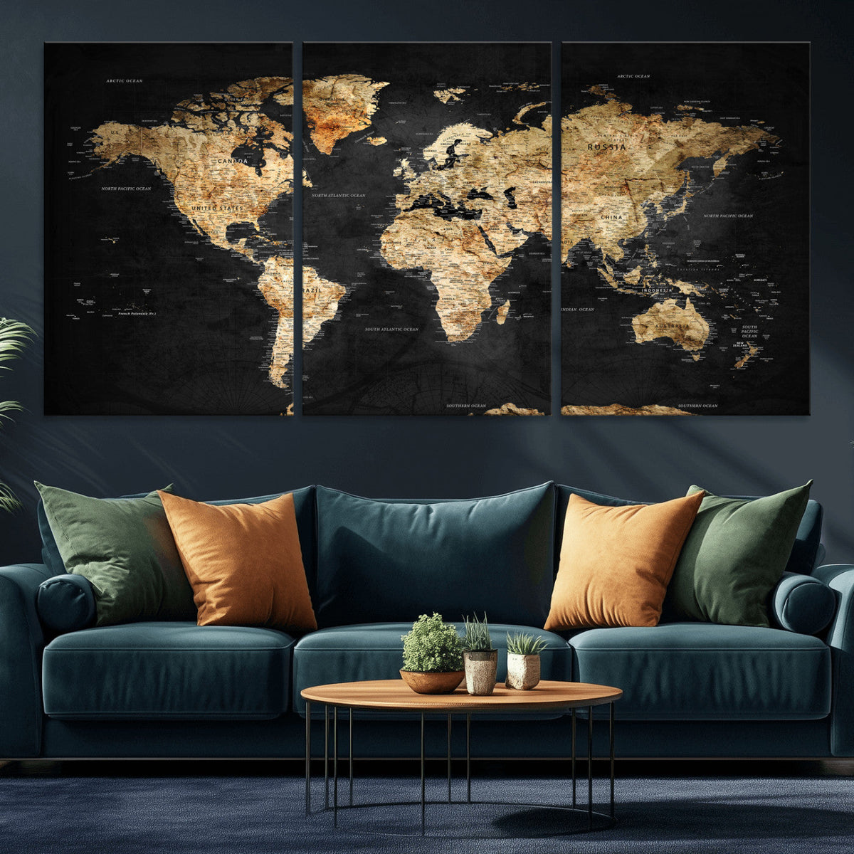World Map Canvas Wall Art with Famous Landmarks – Framed