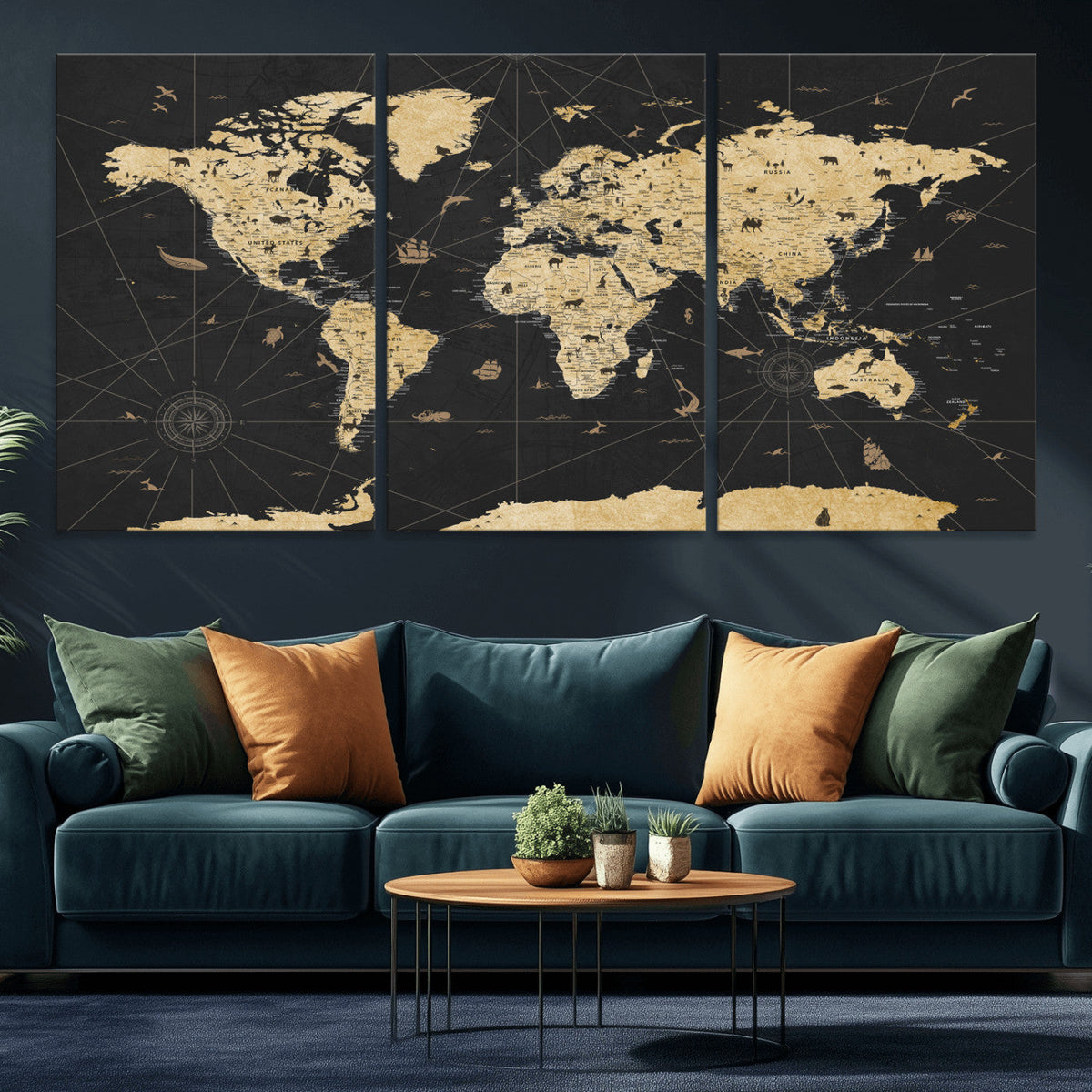 Vintage Blue and Brown World Map Canvas Wall Art – Framed