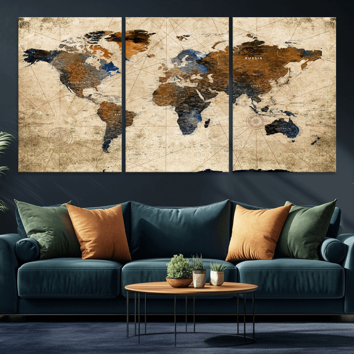 World Map Wall Art – Rustic Earth Tone Canvas Print, Antique