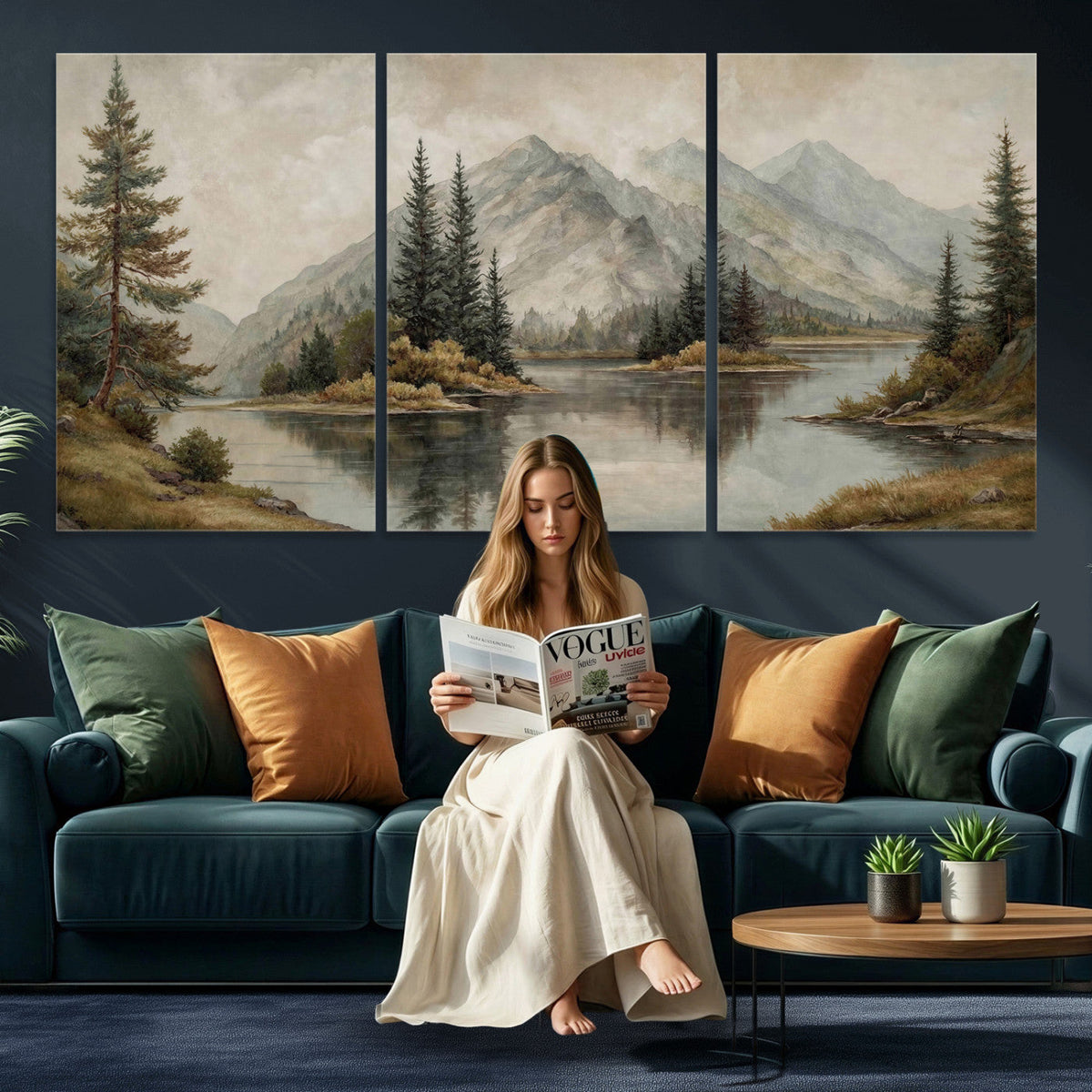 Vintage Mountain Landscape Wall Art Canvas Print Set, Rustic