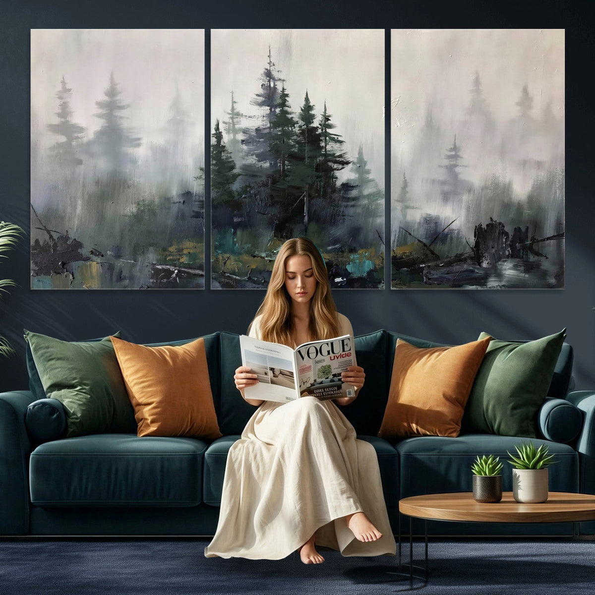 Misty Pine Forest Oil Painting Canvas — Dark Moody Teal Grey