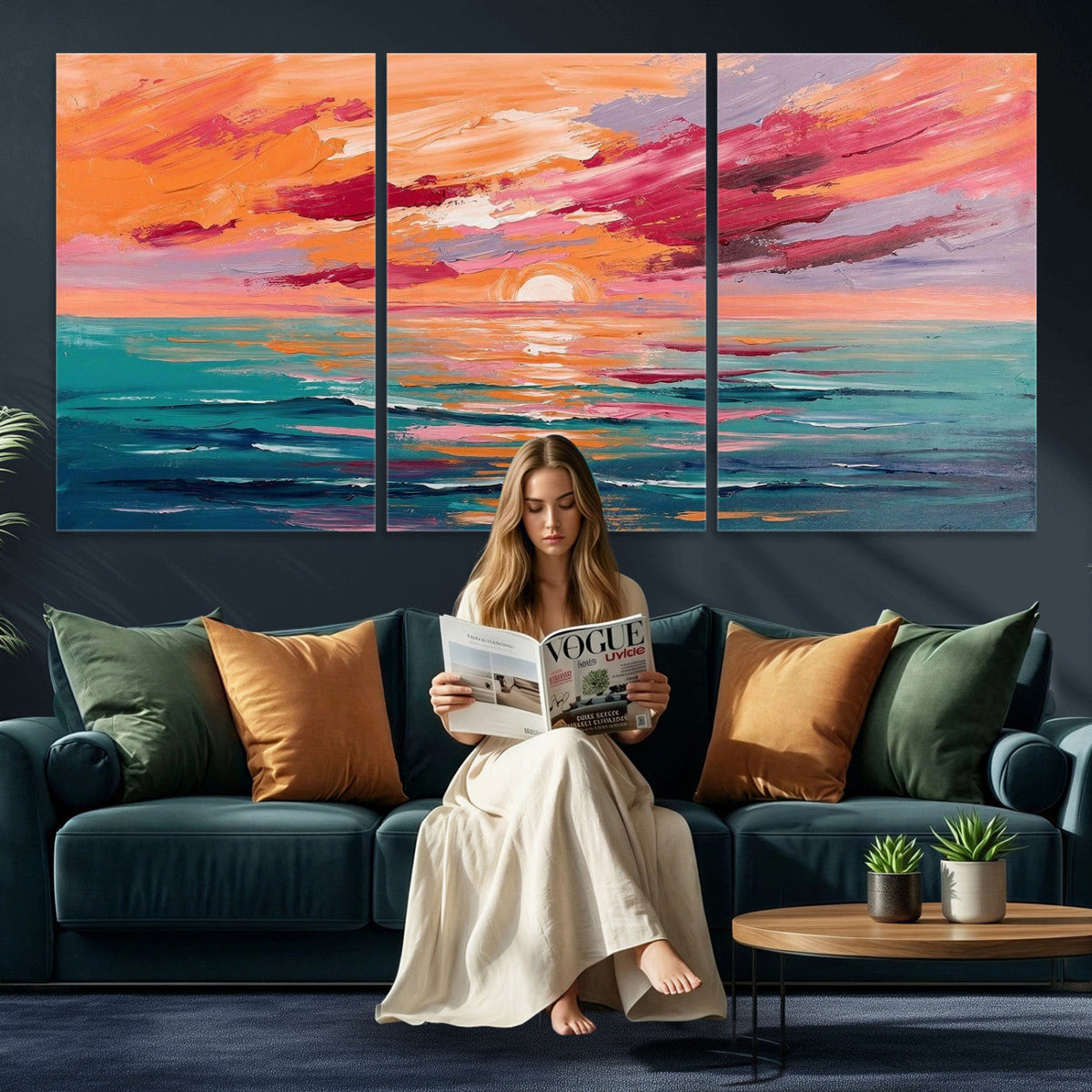 Bold Palette Knife Ocean Sunset Canvas — Orange Pink Teal