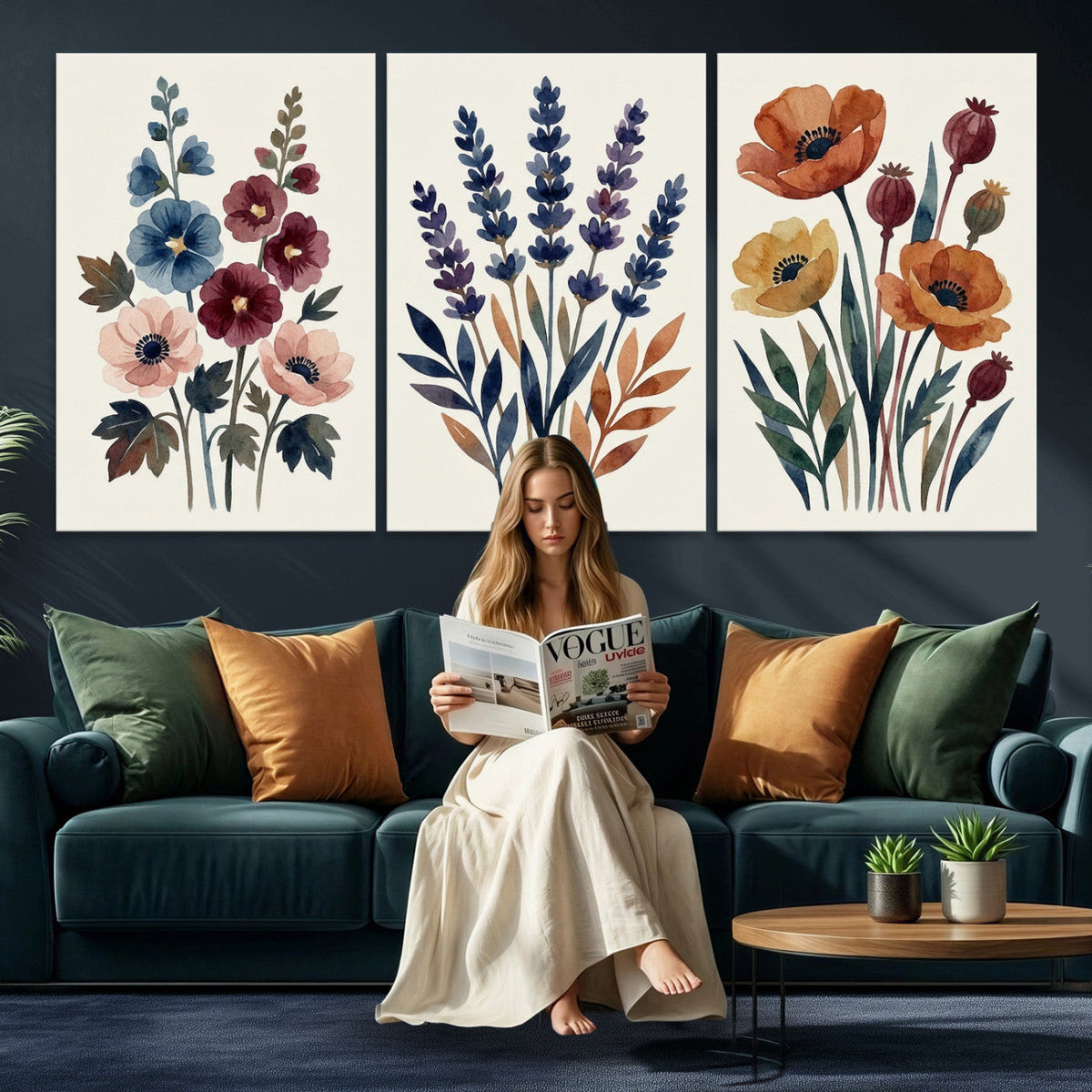 Watercolor Botanical Canvas Wall Art Set, Navy Terracotta